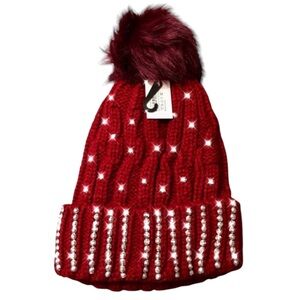 Cranberry Red Rhinestone Pom Pom Beanie 😍